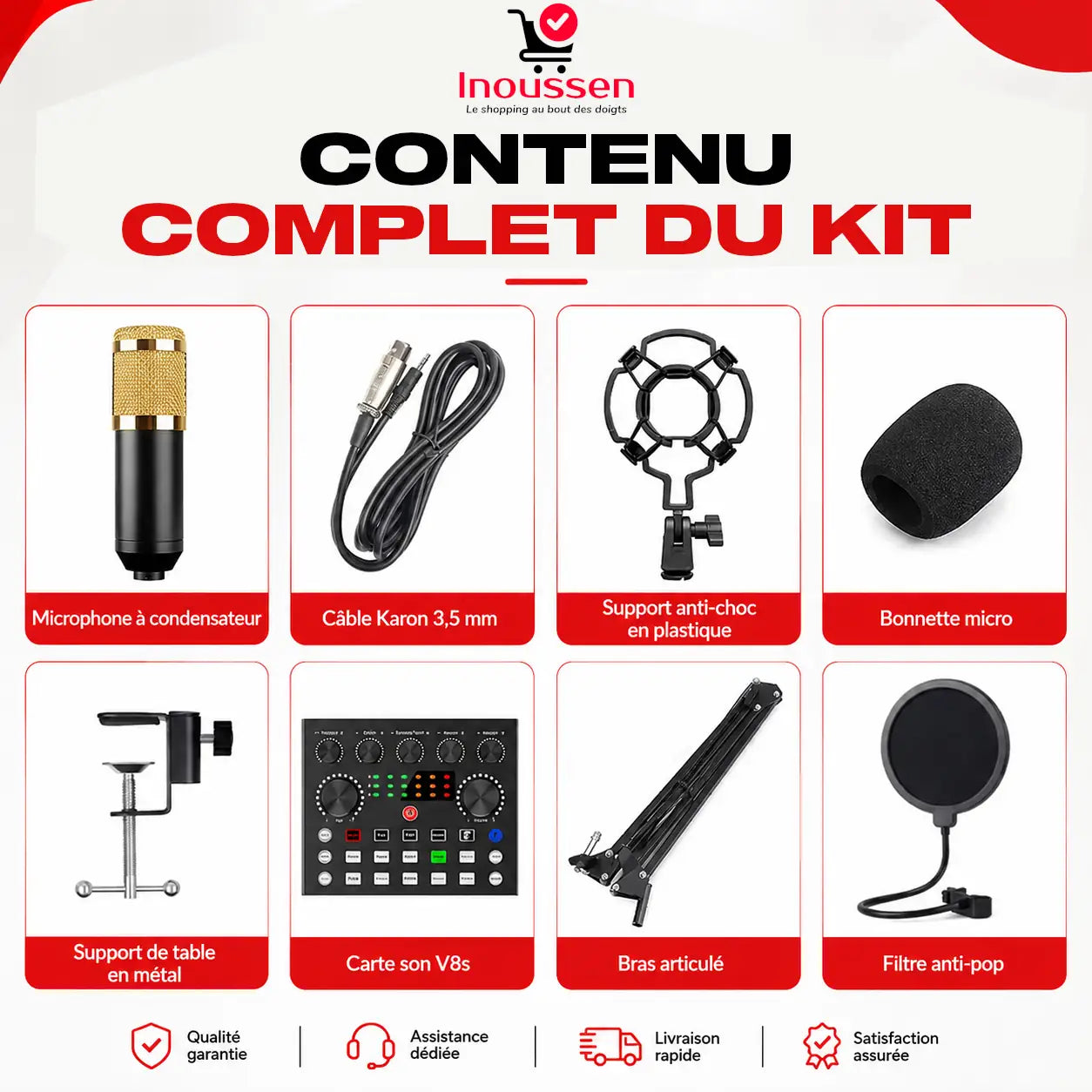 Contenu complet du kit microphone BM800 comprenant le microphone, la carte son V8S, les câbles, le bras articulé, le filtre anti-pop, le support téléphone et les écouteurs.