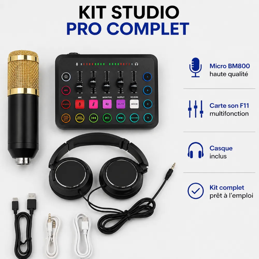Kit Studio Complet Micro BM800 + Carte son F11 + Casque studio — Paiement à la Livraison INOUSSEN