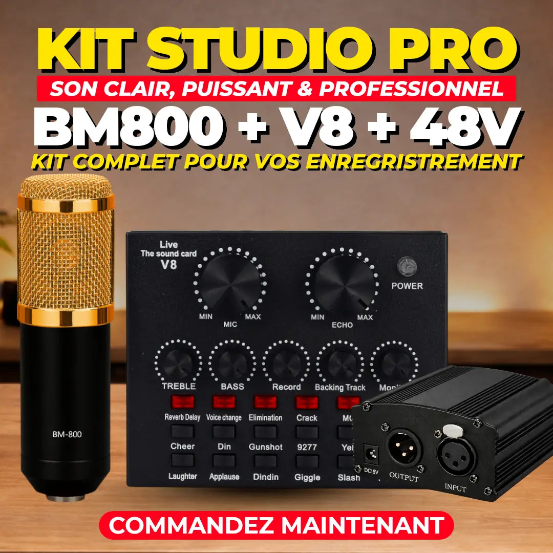 Kit Micro Professionnel BM800 + Carte Son V8 + Alimentation Phantom 48V – Idéal Chant, Rap & Studio Maison INOUSSEN