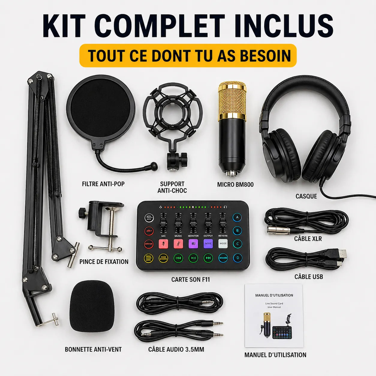 Kit Studio Complet Micro BM800 + Carte son F11 + Casque studio — Paiement à la Livraison INOUSSEN
