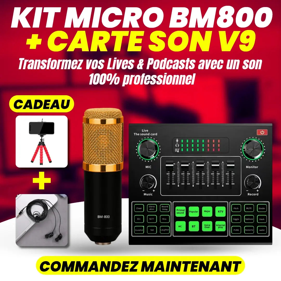 Kit Micro BM800 + Carte Son V9 – Transformez vos Lives & Podcasts 🎙 | Livraison Gratuite + 🎁 1 Écouteur & 1 Trépied Offerts – Stock Limité !