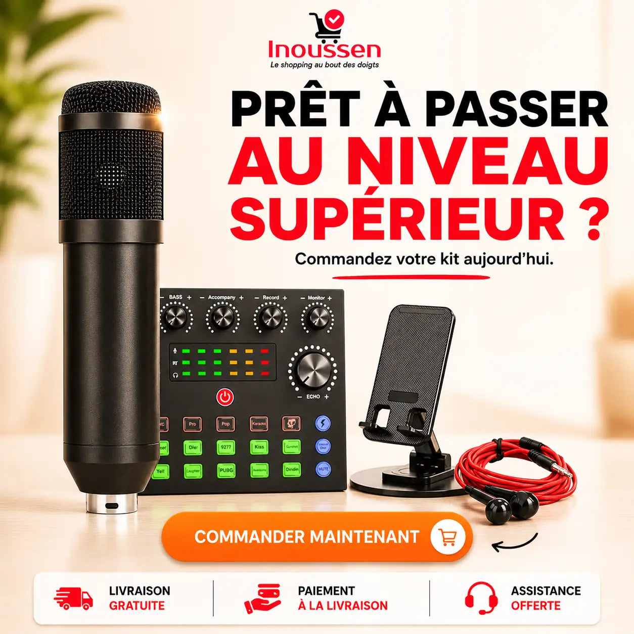 Commander le kit microphone BM800 avec carte son V8S, support téléphone et écouteurs offerts chez Inoussen.