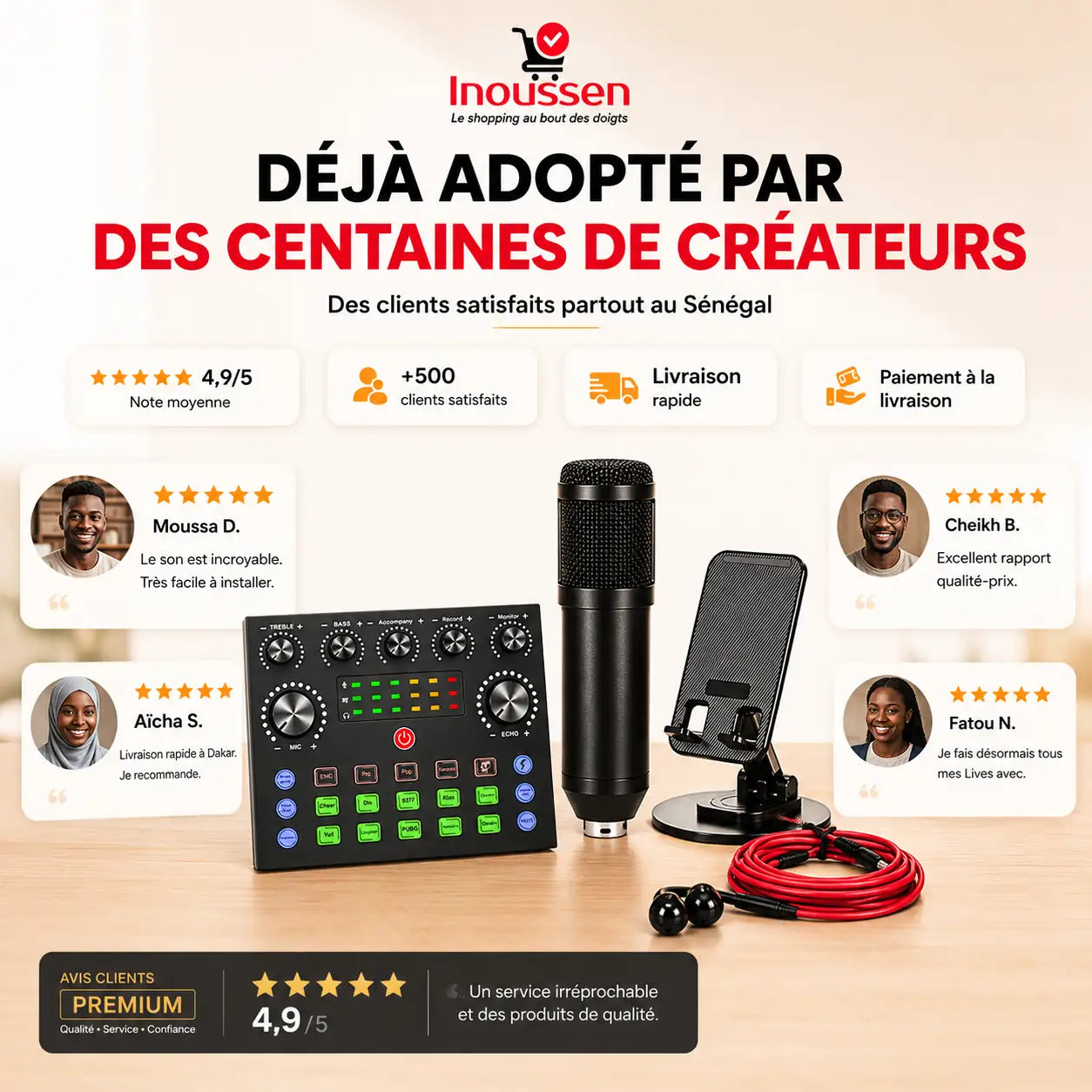 Clients satisfaits utilisant le kit microphone BM800 Inoussen pour leurs podcasts, lives et enregistrements au senegal. 
