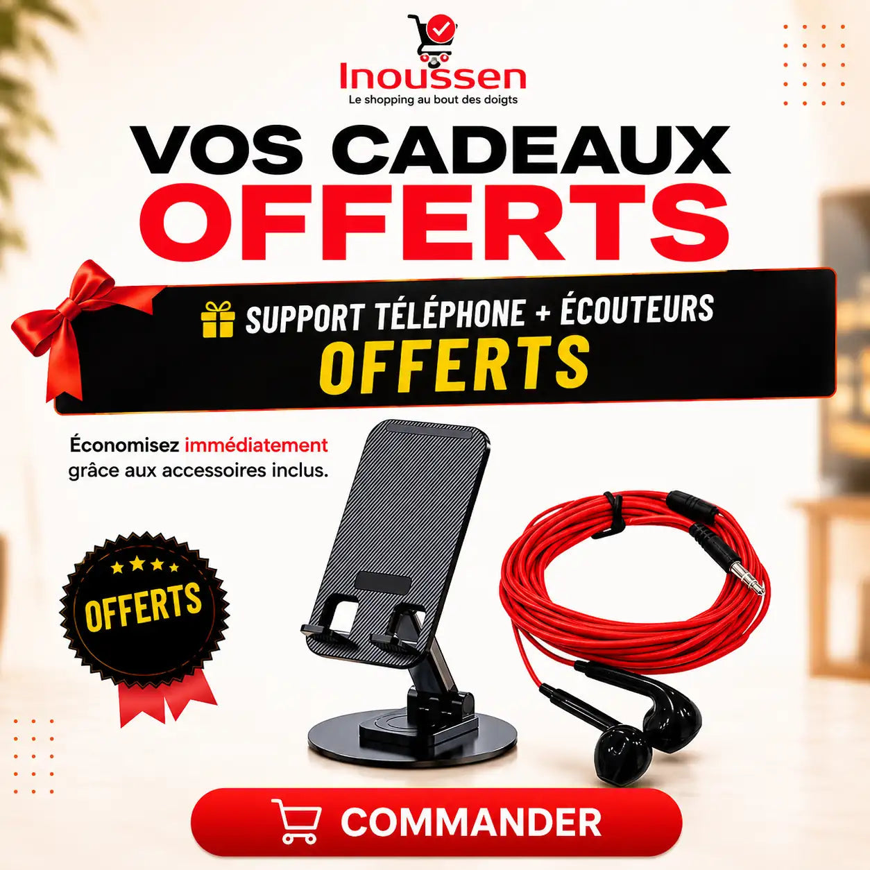 Support téléphone et écouteurs offerts avec le kit microphone.