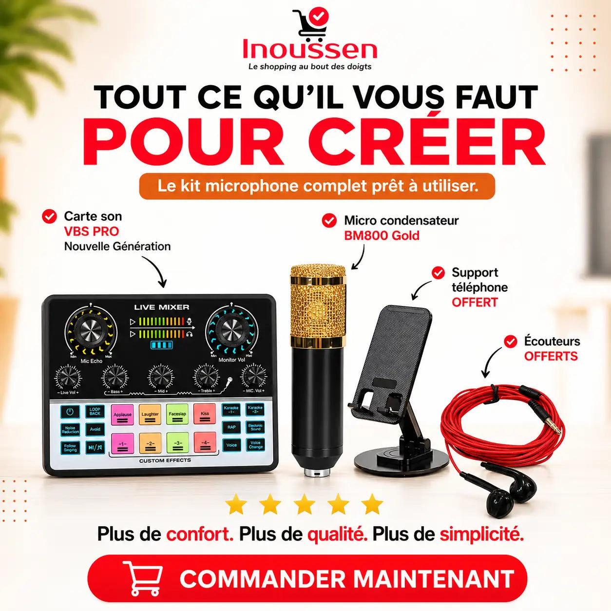 Contenu complet du kit microphone BM800 Gold avec carte son V8S PRO et accessoires.