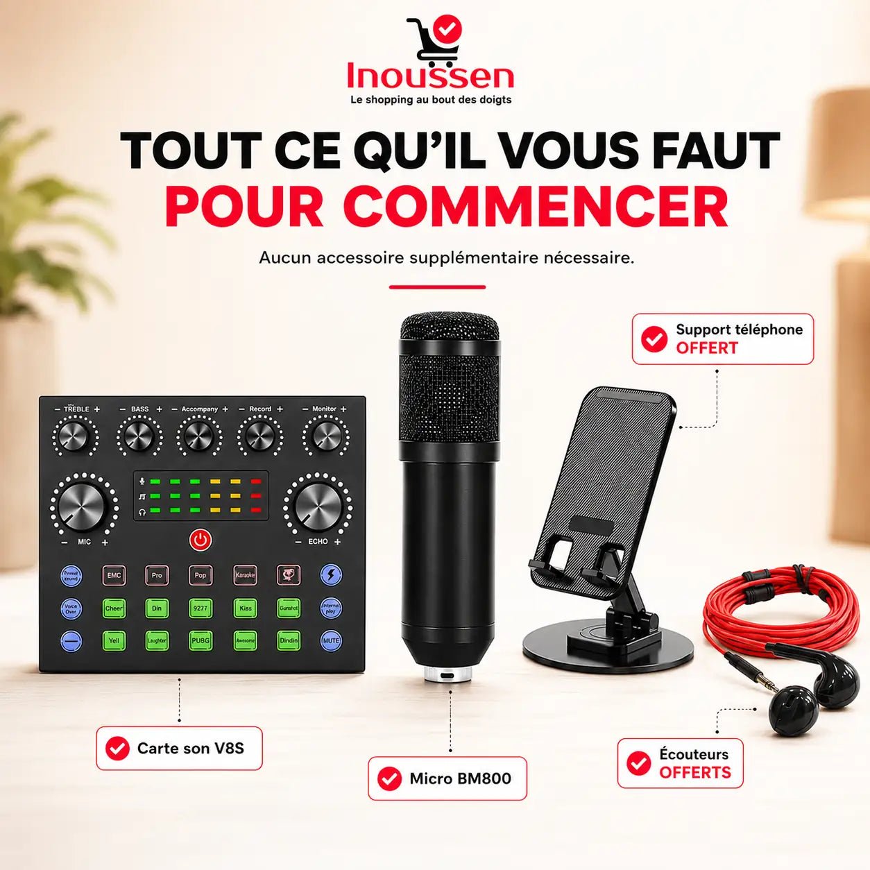 Contenu complet du kit microphone BM800 comprenant la carte son V8S, le microphone, le support téléphone et les écouteurs.