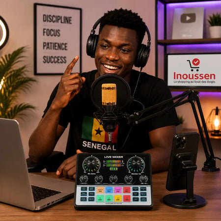 Créateur de contenu utilisant le kit microphone BM800 Gold pour produire des vidéos et podcasts.