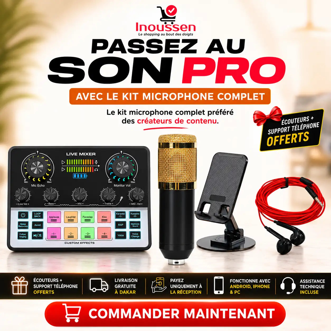 Kit microphone BM800 Gold avec carte son V8S PRO pour podcast, streaming, gaming et création de contenu.