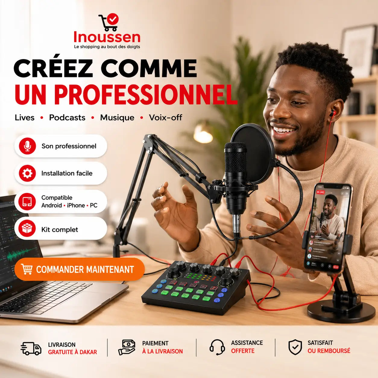 Créateur de contenu utilisant le kit microphone BM800 Inoussen pour un Live Facebook, TikTok ou Podcast.