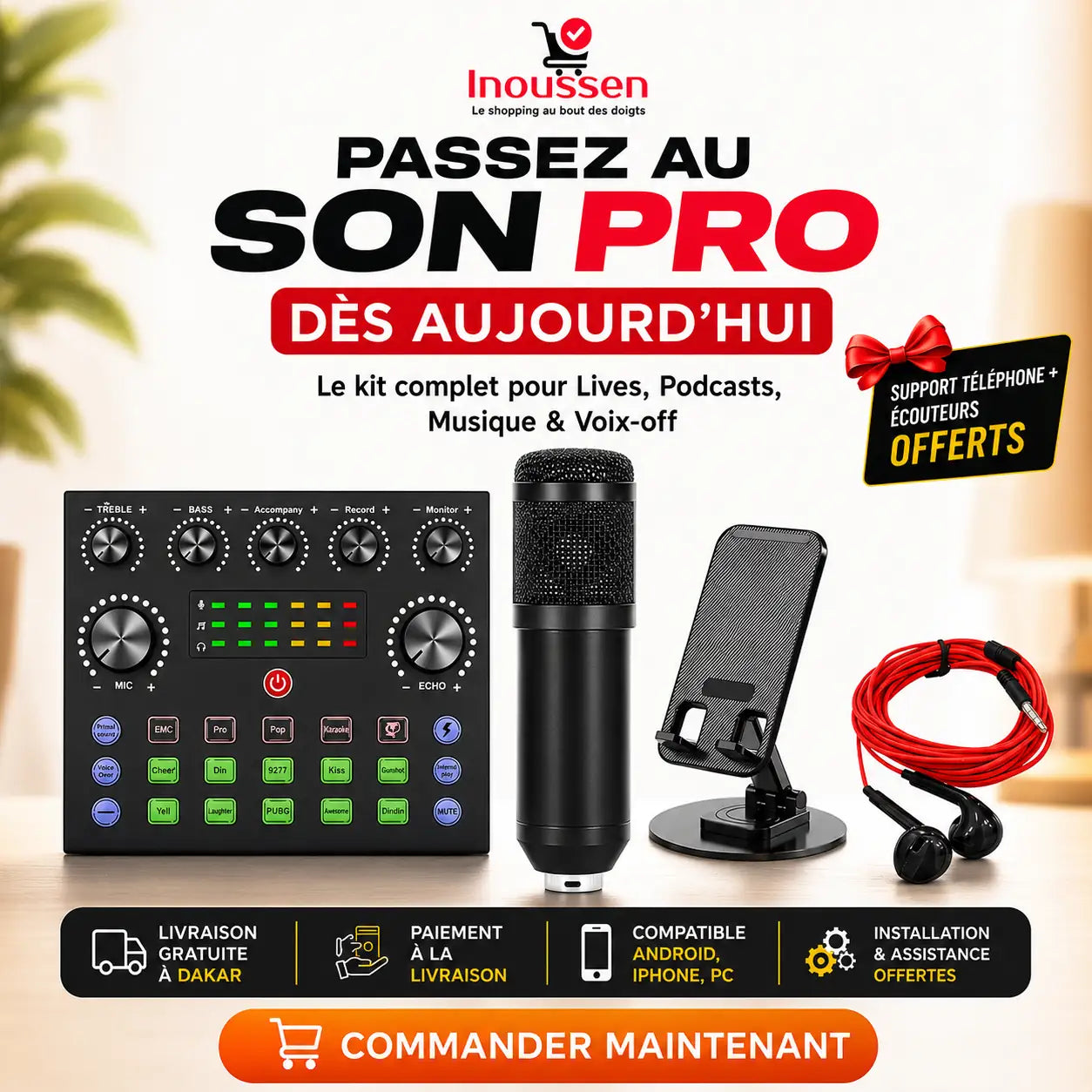 Kit microphone BM800 avec carte son V8S, bras articulé, filtre anti-pop, support téléphone et écouteurs offerts.