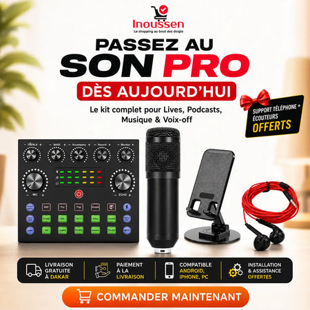 Kit microphone BM800 avec carte son V8S, bras articulé, filtre anti-pop, support téléphone et écouteurs offerts.