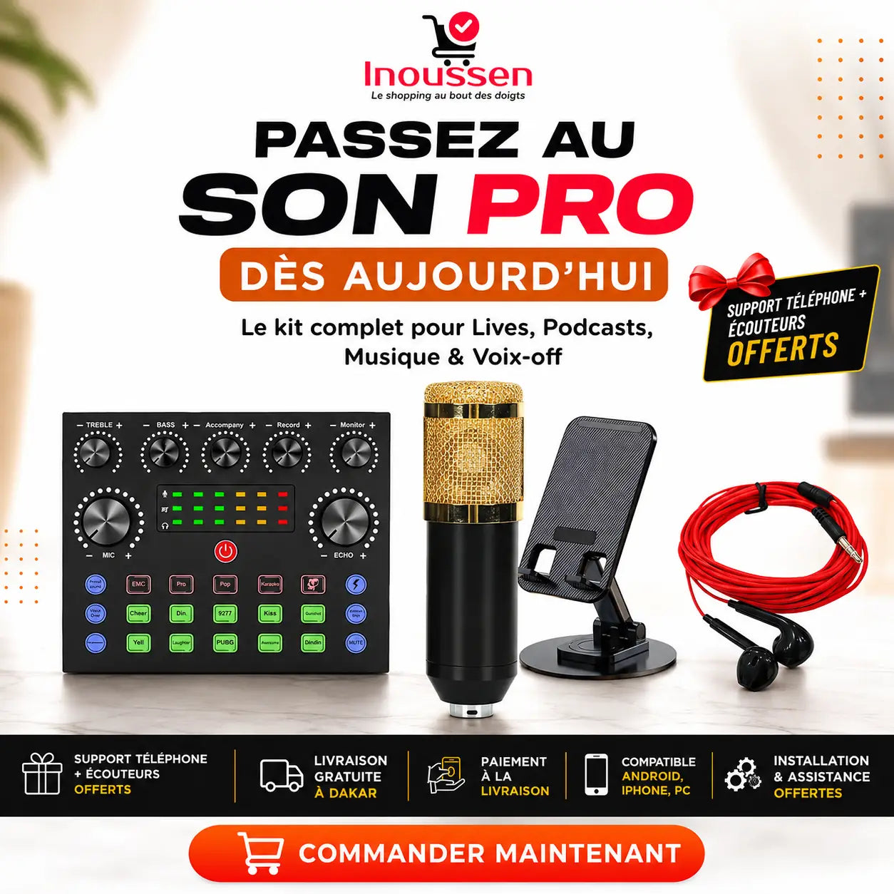 Kit microphone BM800 avec carte son V8S, bras articulé, filtre anti-pop, support téléphone et écouteurs offerts.