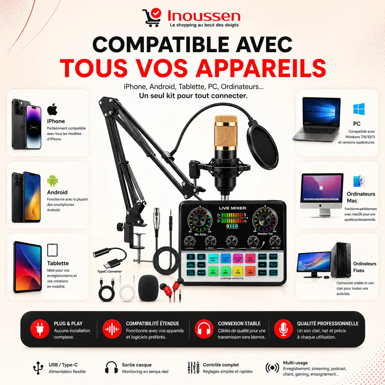 Compatible avec Android, iPhone, Windows, Mac, tablettes et ordinateurs.