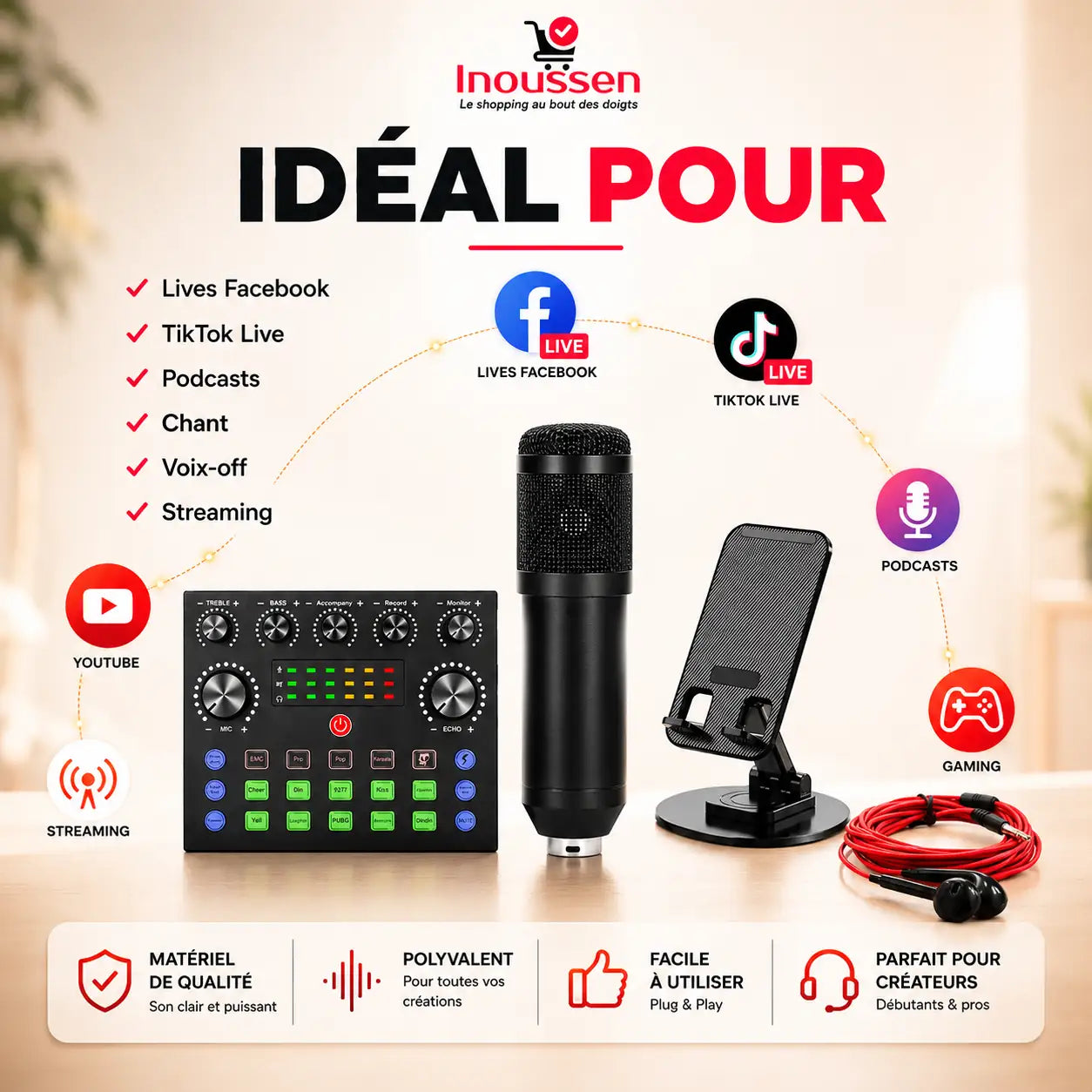 Le kit microphone BM800 convient aux podcasts, TikTok Live, Facebook Live, YouTube, voix-off et streaming gaming.