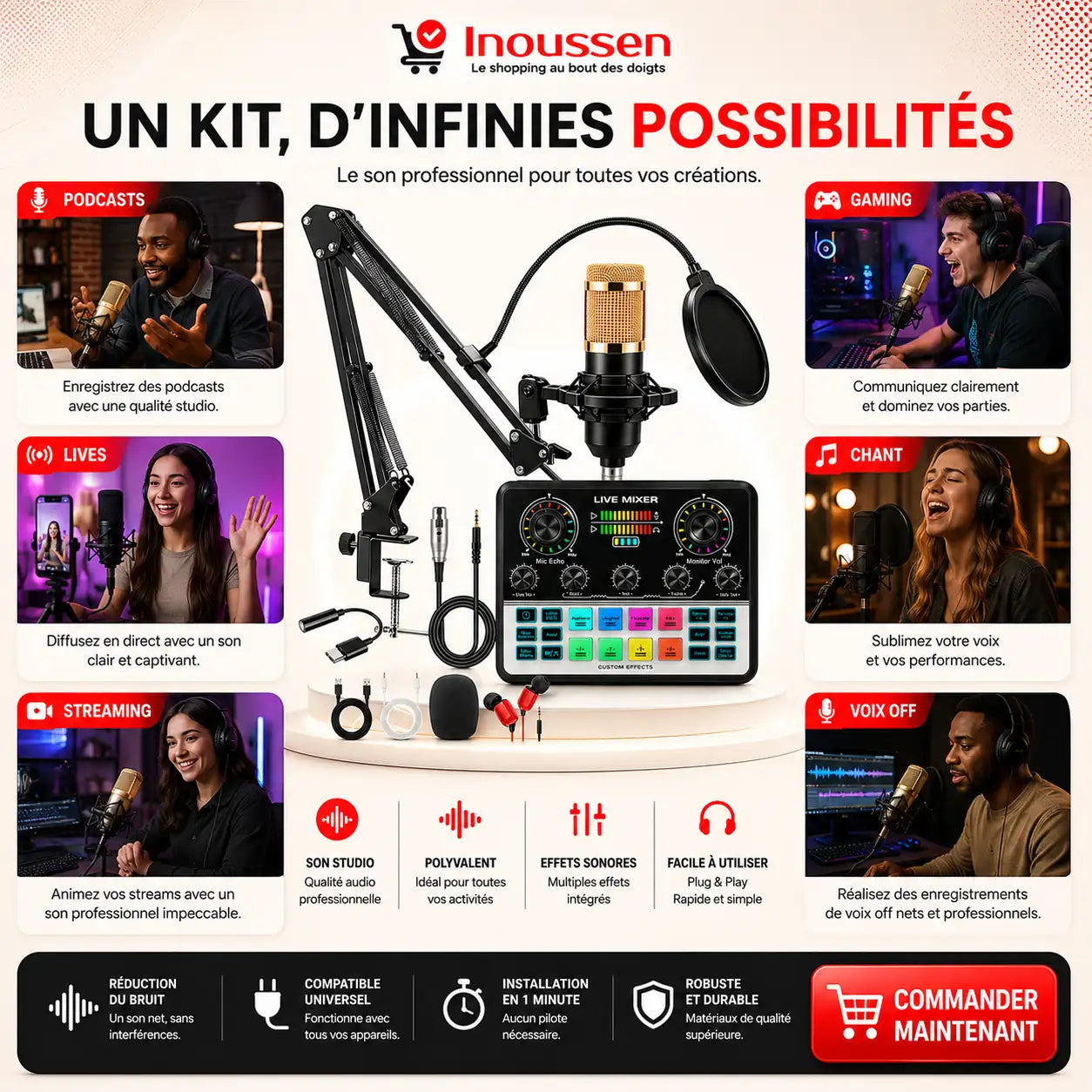 Utilisez le kit microphone BM800 Gold pour podcasts, streaming, gaming, chant et enregistrement voix off.
