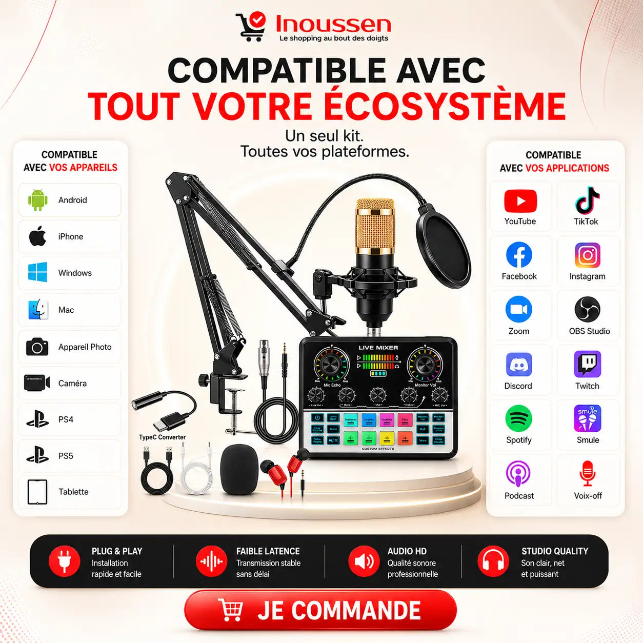 Compatible avec YouTube, TikTok, Facebook Live, Instagram Live, OBS Studio, Discord, Twitch et Zoom.