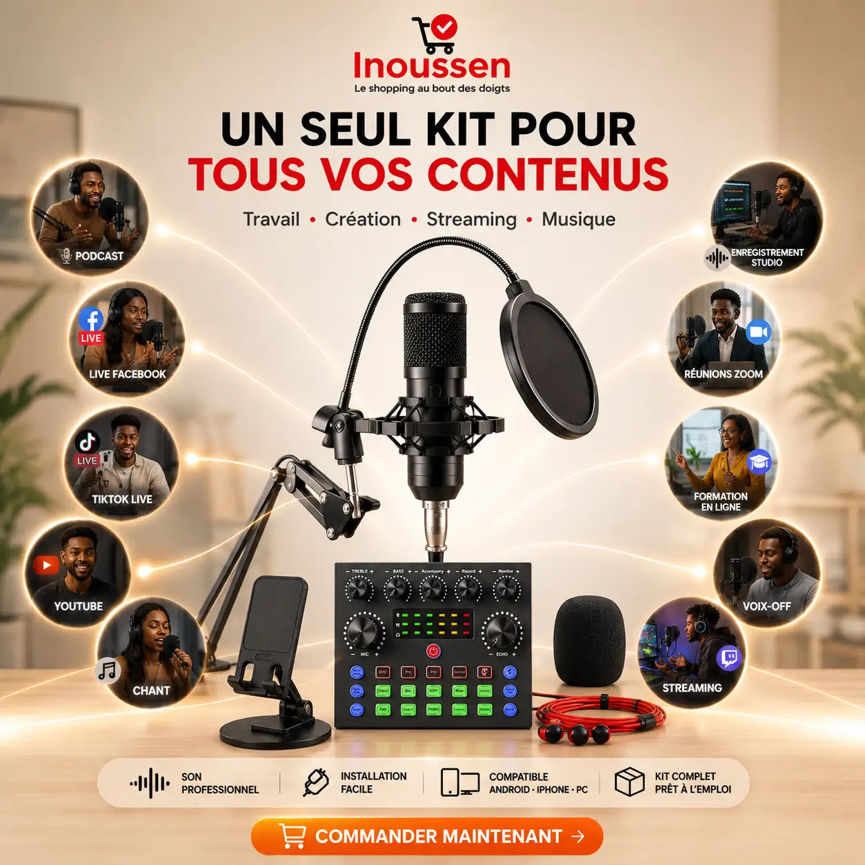 Microphone BM800 utilisable pour la musique, le podcast, le streaming, les réunions Zoom et la création de contenu.